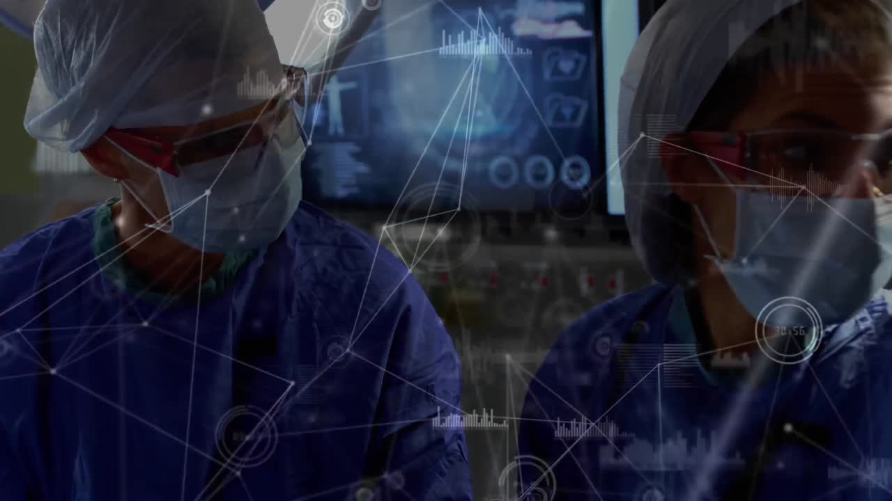 Animation af netværk af forbindelser og databehandling over kirurger på operationsstuen