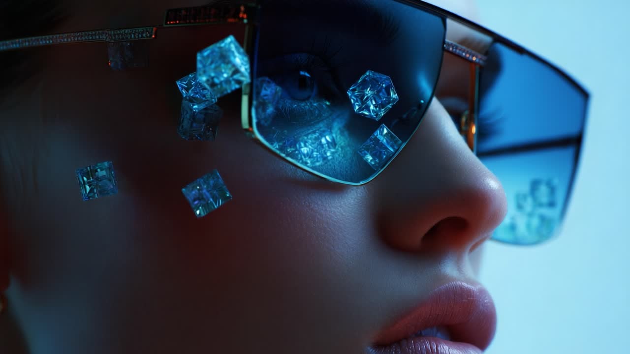 A Close-Up Capture of a Young Woman's Face Adorned with Reflective Sunglasses, Highlighting Ice Cube Accents, Evoking a Cool, Stylish Vibe Aside from Artistic Representation in Fashion Photography