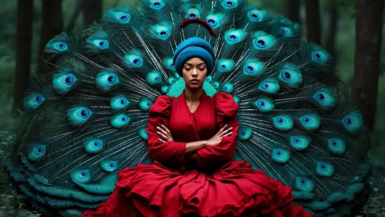 una mujer con un vestido rojo sentada frente a un pavo real