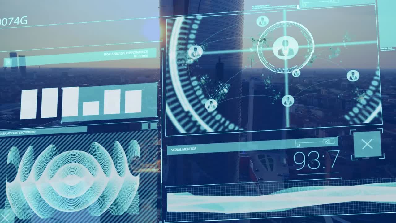 Animation of interface with data processing against aerial view of cityscape