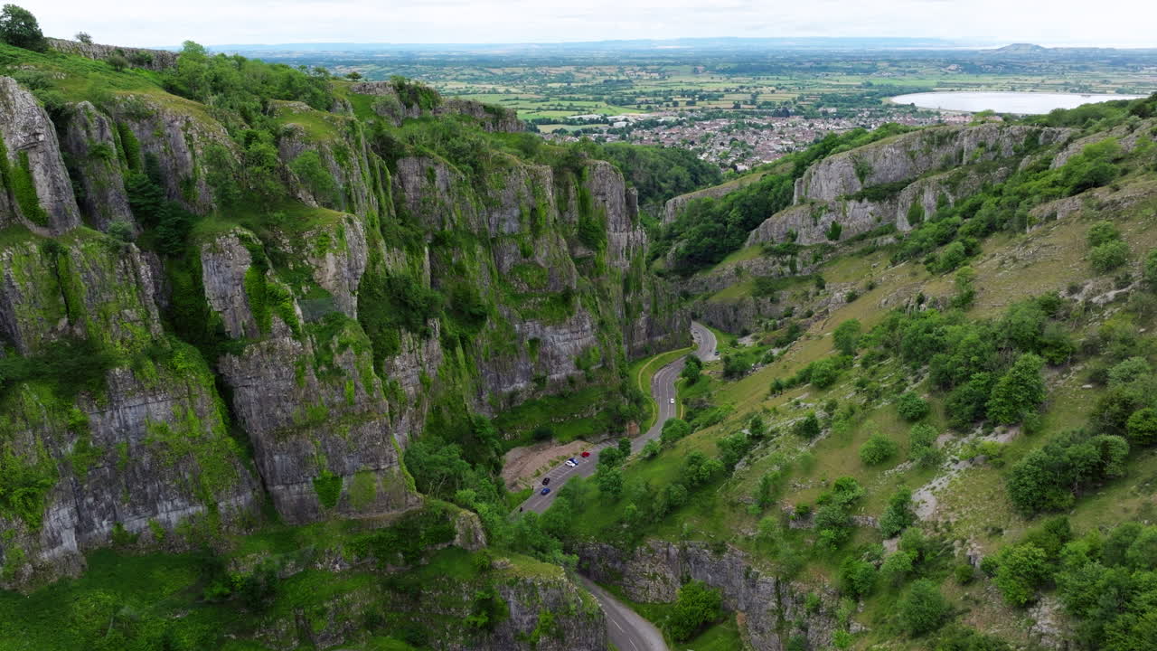 Winding Road In Cheddar Limestone Gorge in The Mendip Hills, Somerset, England. Aerial Drone Shot