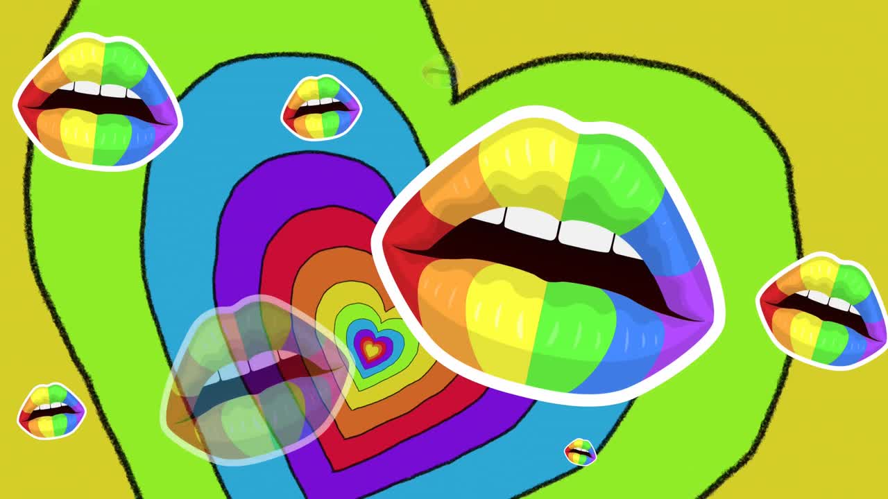 Animazione di labbra arcobaleno su sfondo di cuori arcobaleno