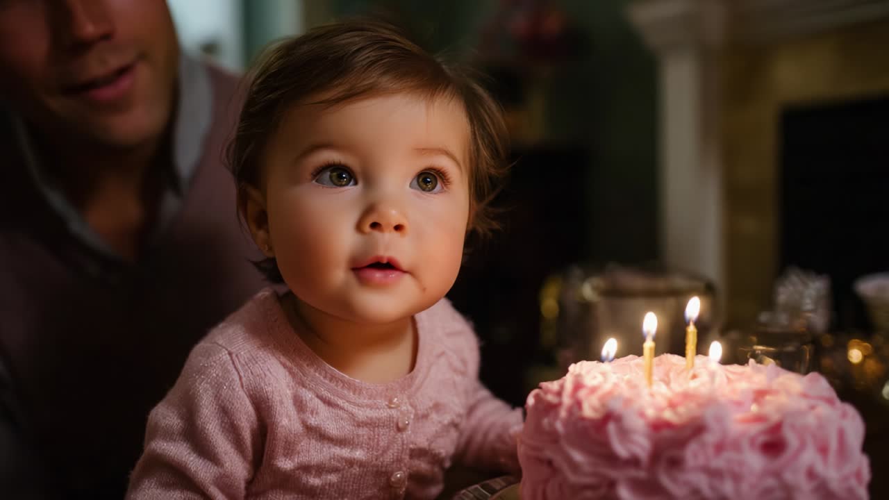 Un conmovedor momento de alegría cuando un bebé contempla una colorida tarta de cumpleaños con velas parpadeantes, rodeado de sus seres queridos en un acogedor ambiente de celebración lleno de amor y recuerdos felices