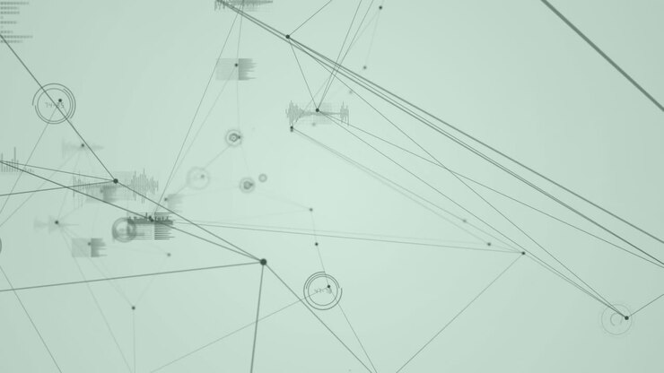 Animation of networks of connections and data processing over white background