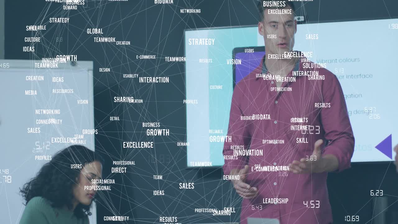 Animation of business texts over diverse business people in office