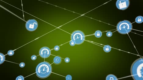 Animation-of-network-of-connections-with-icons-over-green-background