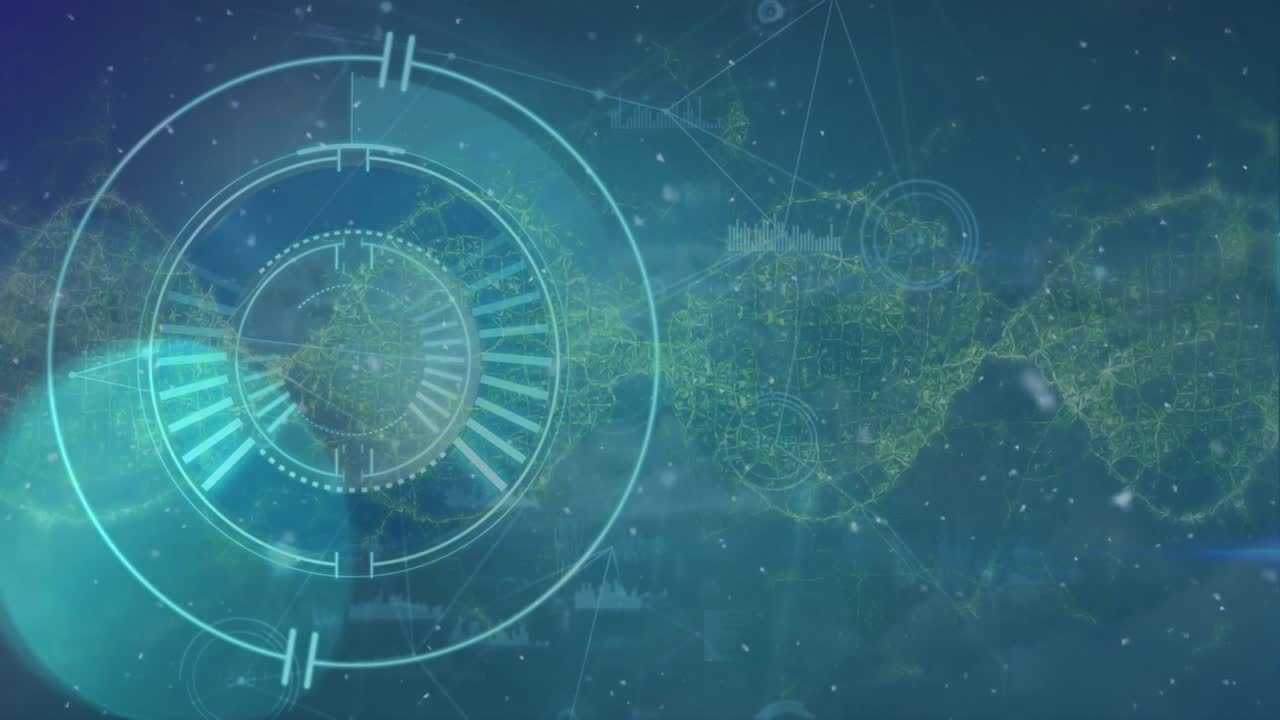 Animation of scope scanning and network of connections with data processing over sky with clouds