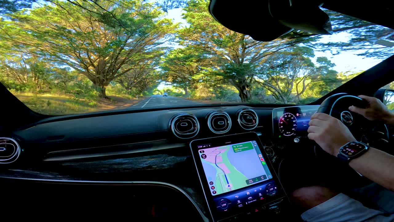 A driver navigates a tree-lined road in Bellarine, Victoria, using a digital map. Sunlight filters through the lush foliage