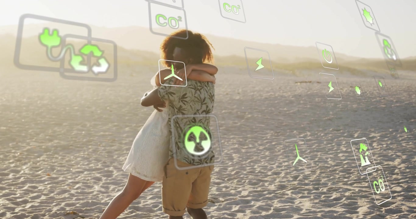 Walking on dusk plain couple spinning in embrace with floating green energy icons symbolizing unity