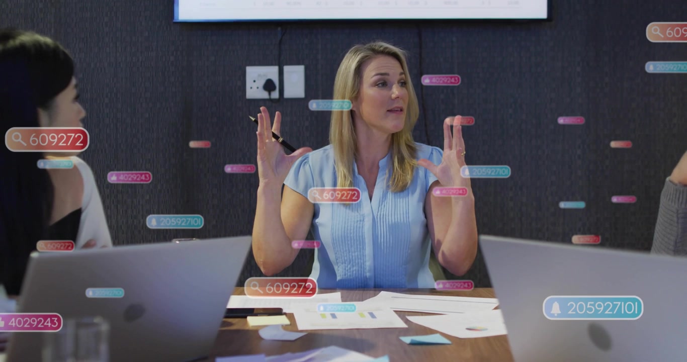 Blonde woman raising hands, pointing pen causing floating UI tags over laptop for business metrics