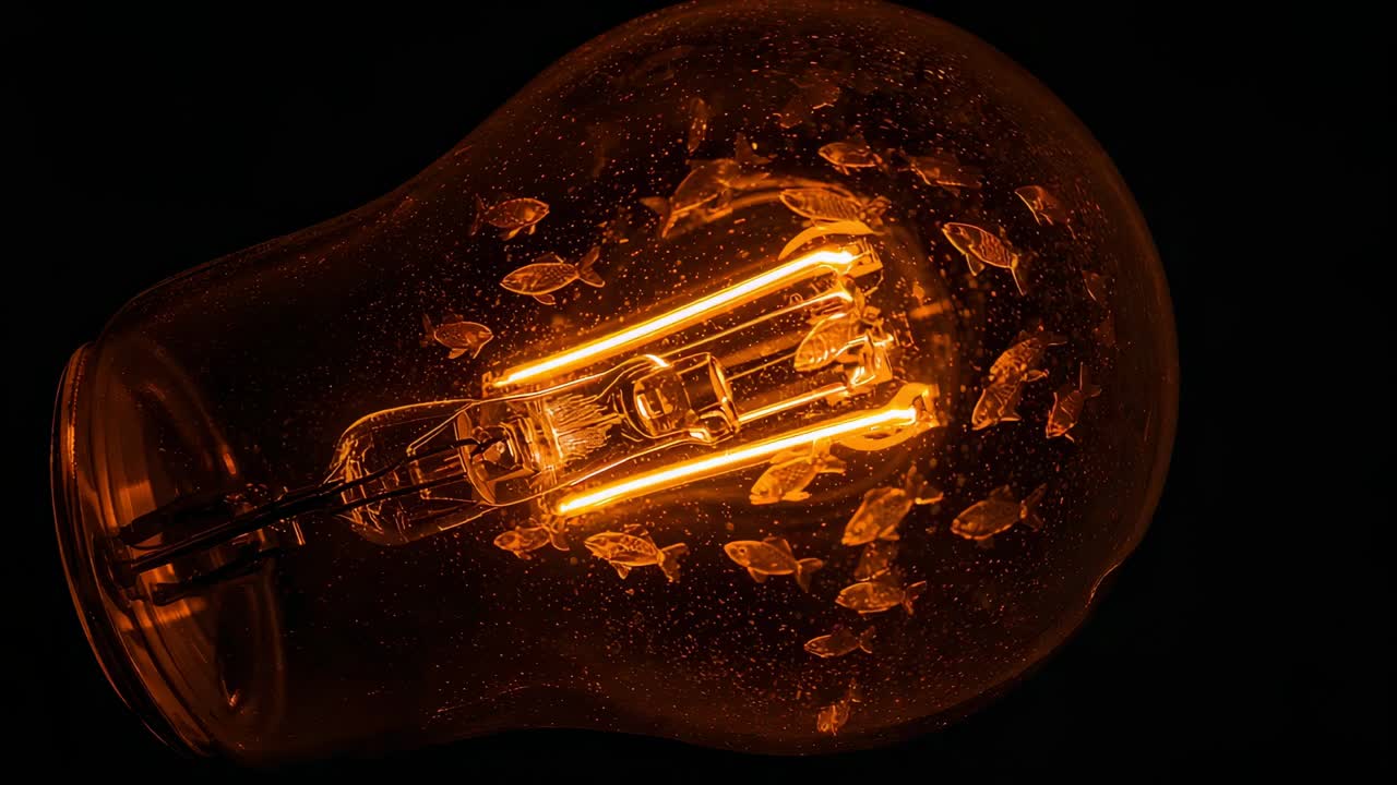 Particelle a forma di pesce che nuotano e ruotano all'interno di una lampadina Edison in studio, con un filamento incandescente che le attrae
