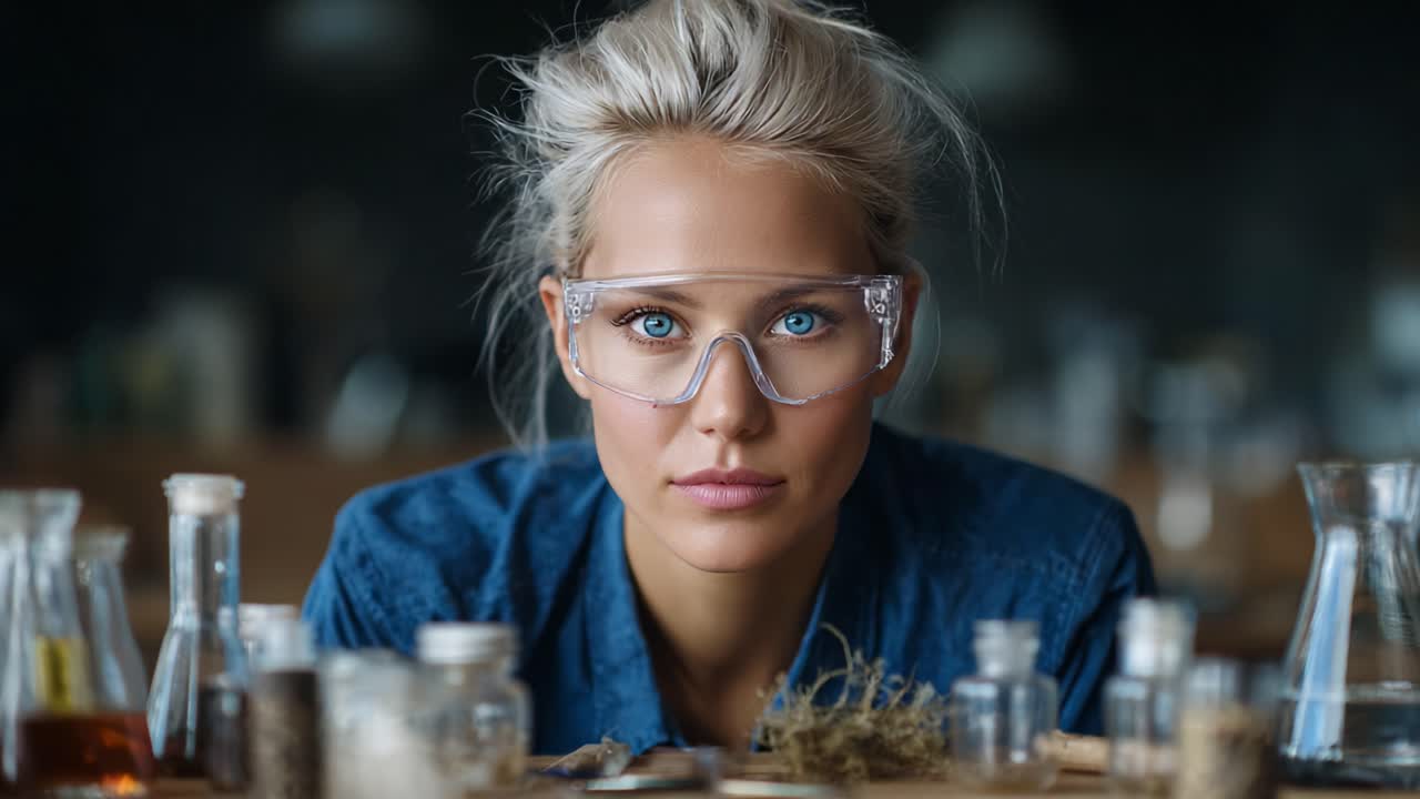 A focused scientist in protective eyewear examines various experimental materials and containers, showcasing dedication to research and innovation within a laboratory setting