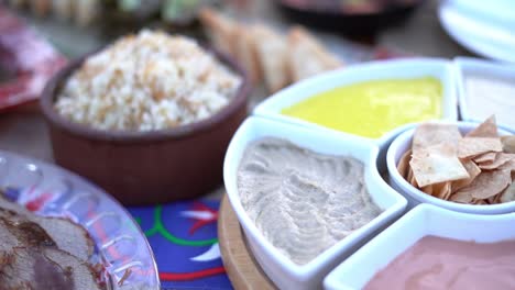 view of a egyptian lunch, close up shot, high angle shot