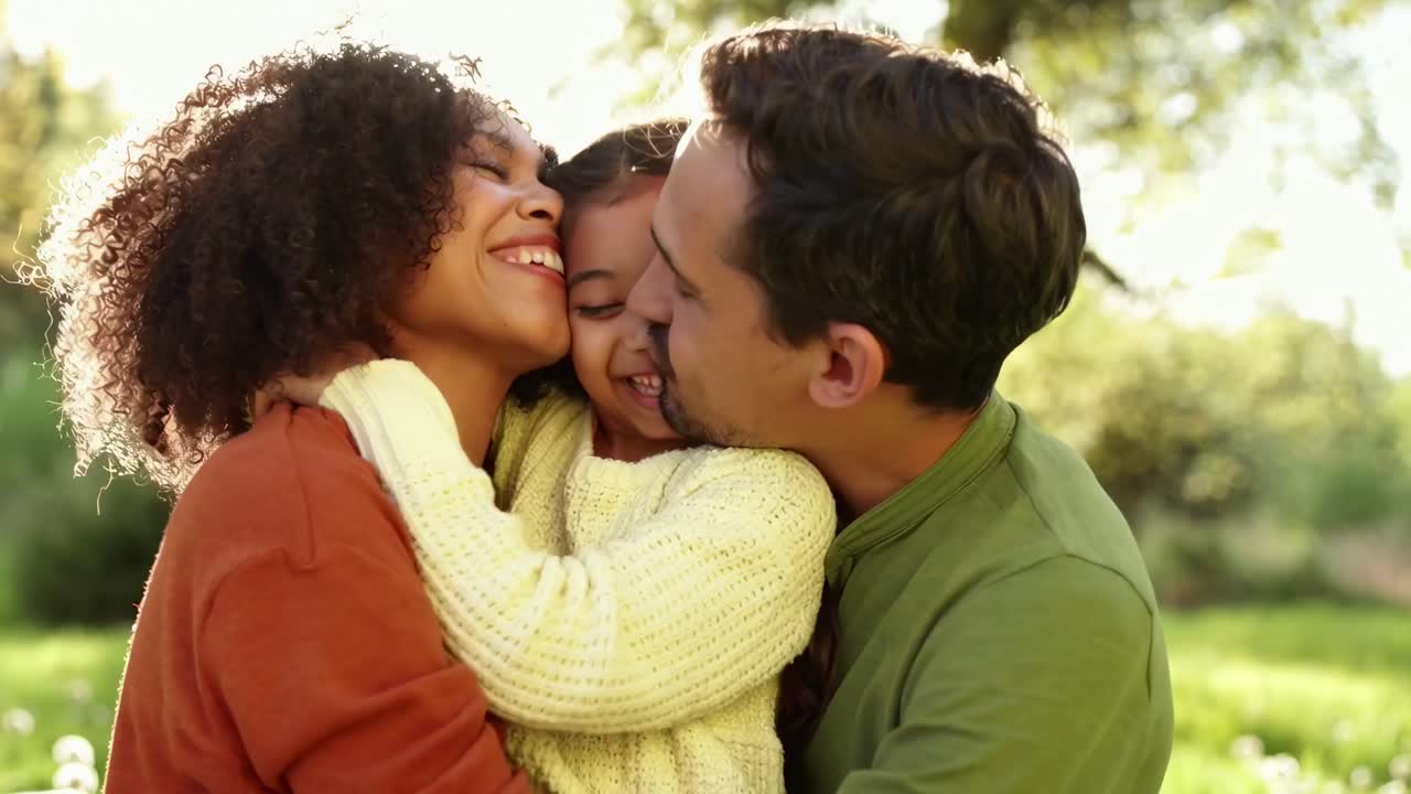 Joyful family embraces in a close-up, eye-level angle, perfect for a heartwarming video