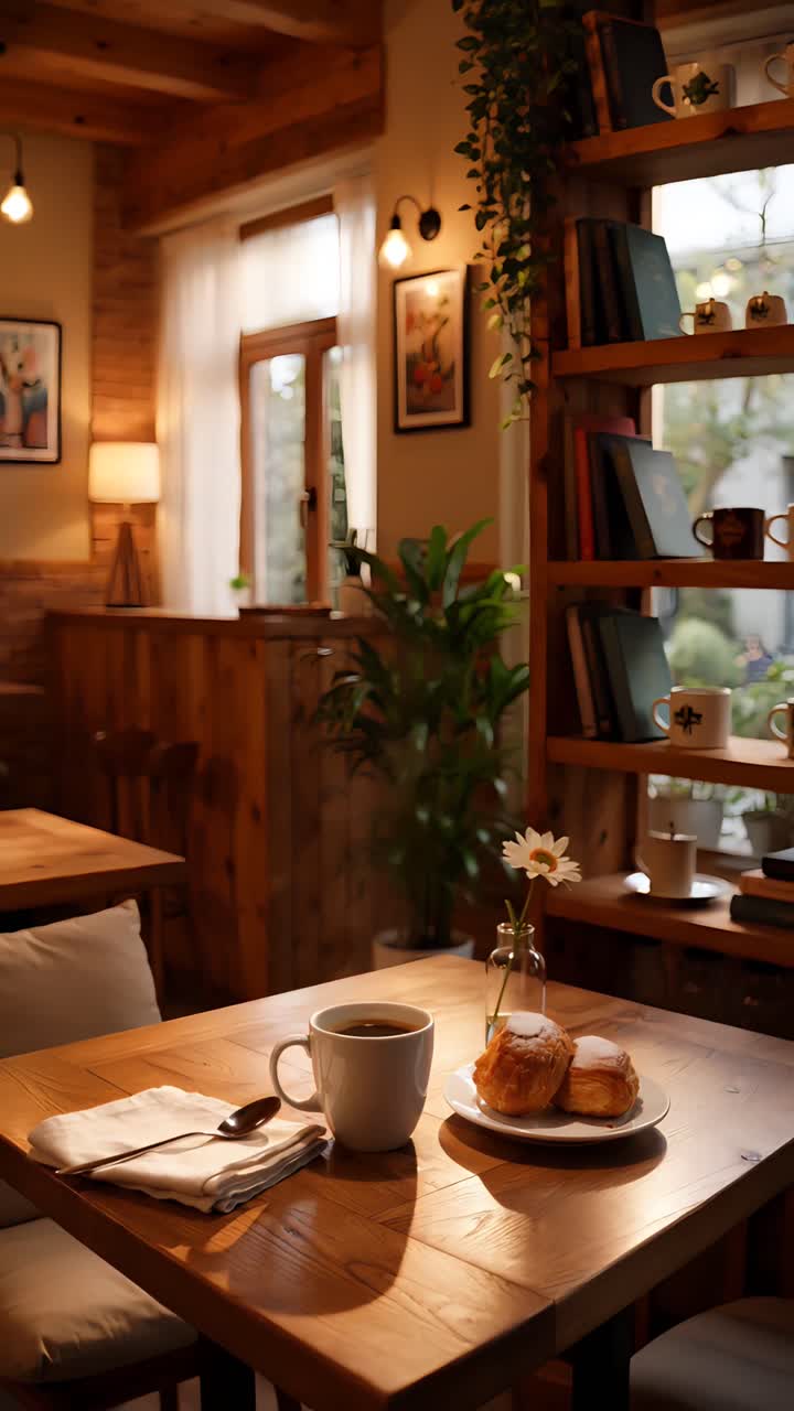 Interior de cafetería estético con ambiente acogedor 4K