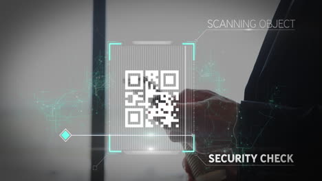 animación de escáner de código qr contra un empresario caucásico que usa una tableta digital en la oficina