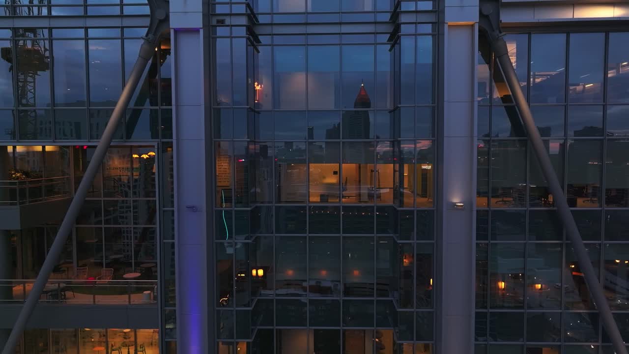 Aerial view of interior design inside google tower in Atlanta City. Lateral close up. Modern glass skyscraper with office Buildings nicely decorated. Georgia State, USA.