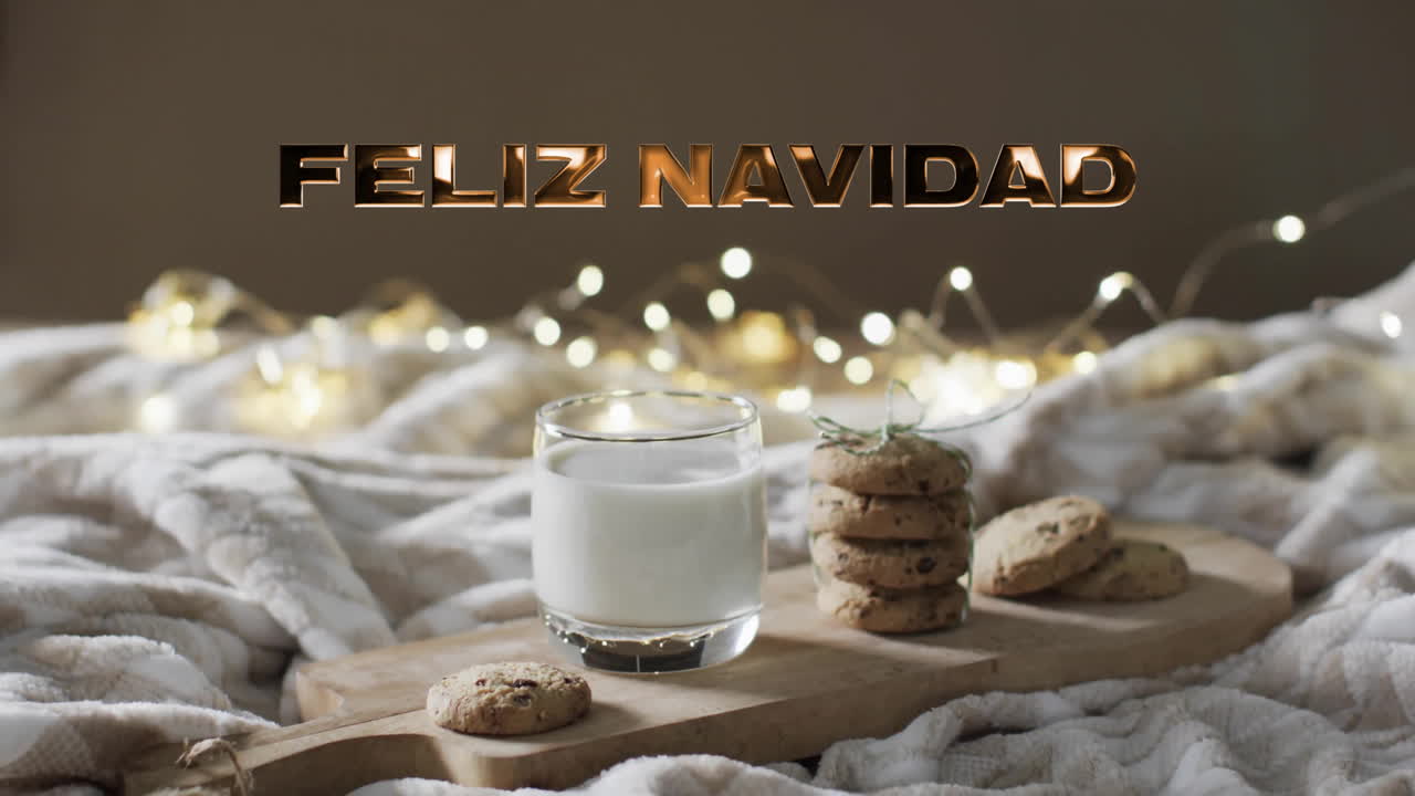 Animation of feliz navidad text over cookies and milk