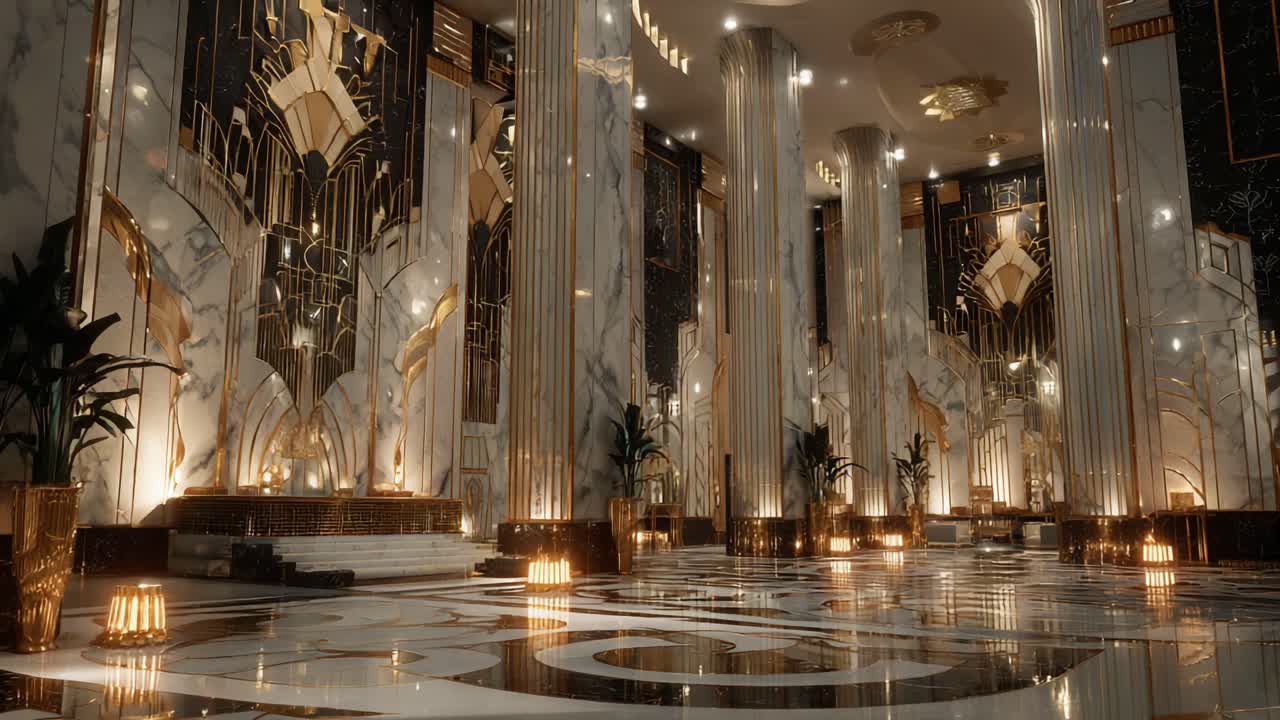 Elegant Grand Hall with Luxurious Marble Columns, Artistic Lighting, and opulent Decor Captured in Two Stunning Frames, Showcasing Architectural Grandeur and Sophistication