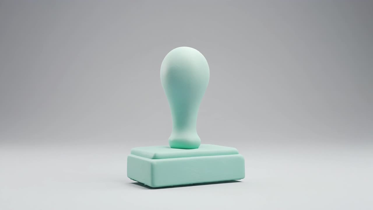 Minimalistisk 3D-gummistempel svæver og roterer på grå baggrund
