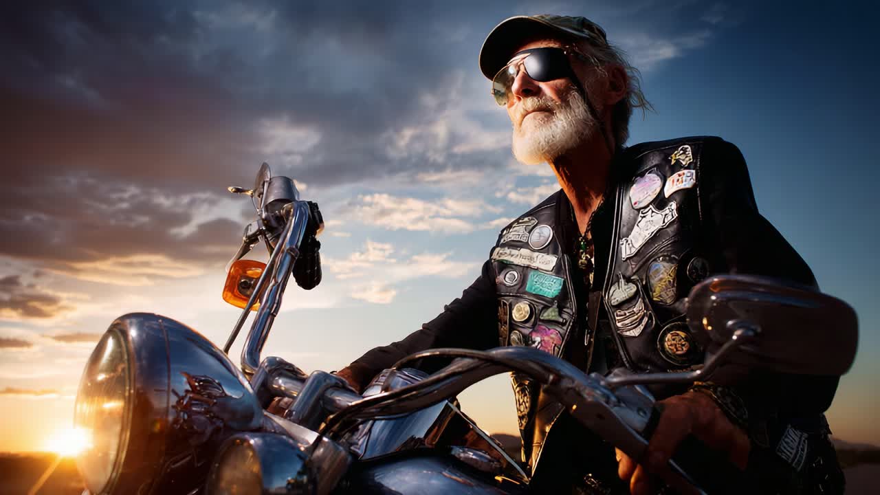 An adventurous, confident senior rider passionately embracing the freedom of the open road on his motorcycle, adorned with colorful patches under a dramatic sky at sunset