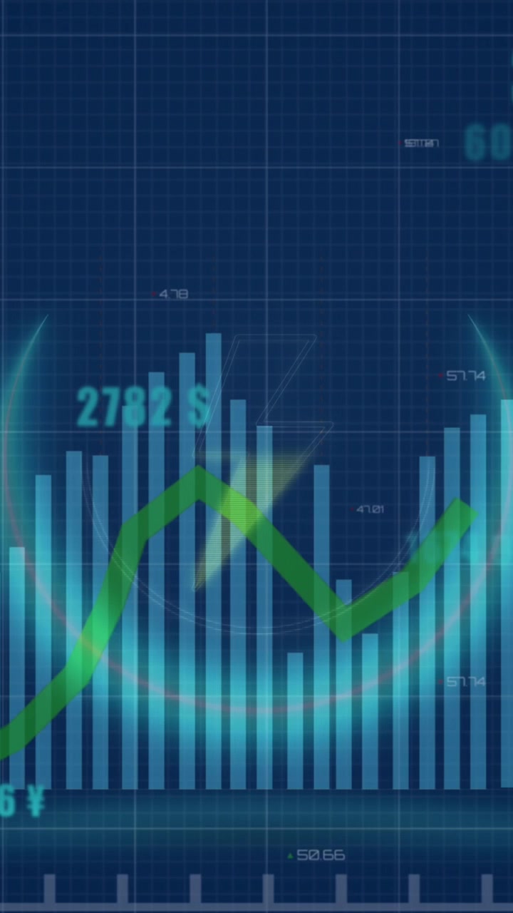 Animazione di un'icona a forma di fulmine su elaborazione di dati statistici, su sfondo blu.