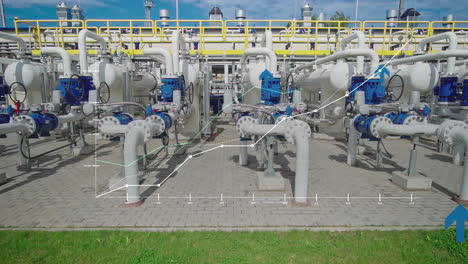 gráficos y gráficos crecientes en el fondo de una estación de gas natural - superposición 3d