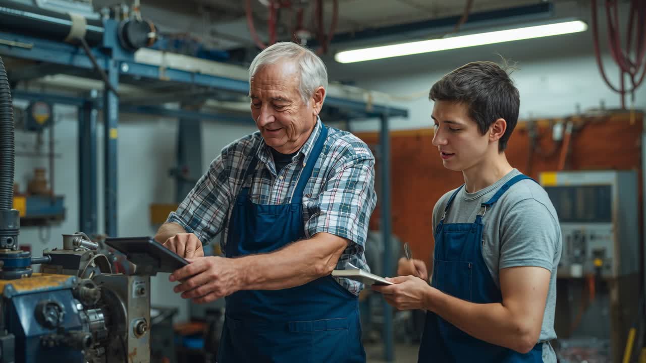 Adjusting senior tech mentoring at lathe in shop, trainee taking notes on clipboard, wearing aprons