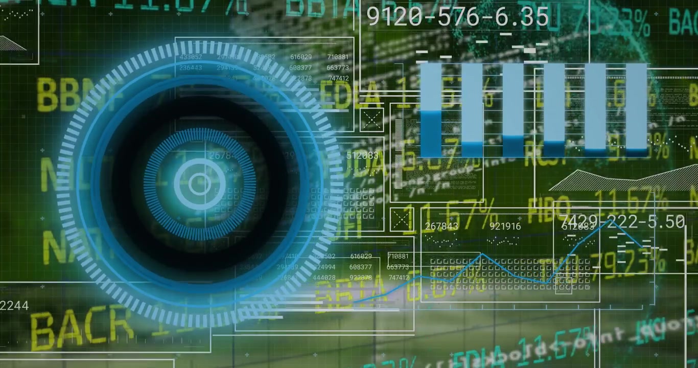 Animazione di grafici, un globo, un cerchio di elaborazione e dati finanziari su uno schermo digitale.