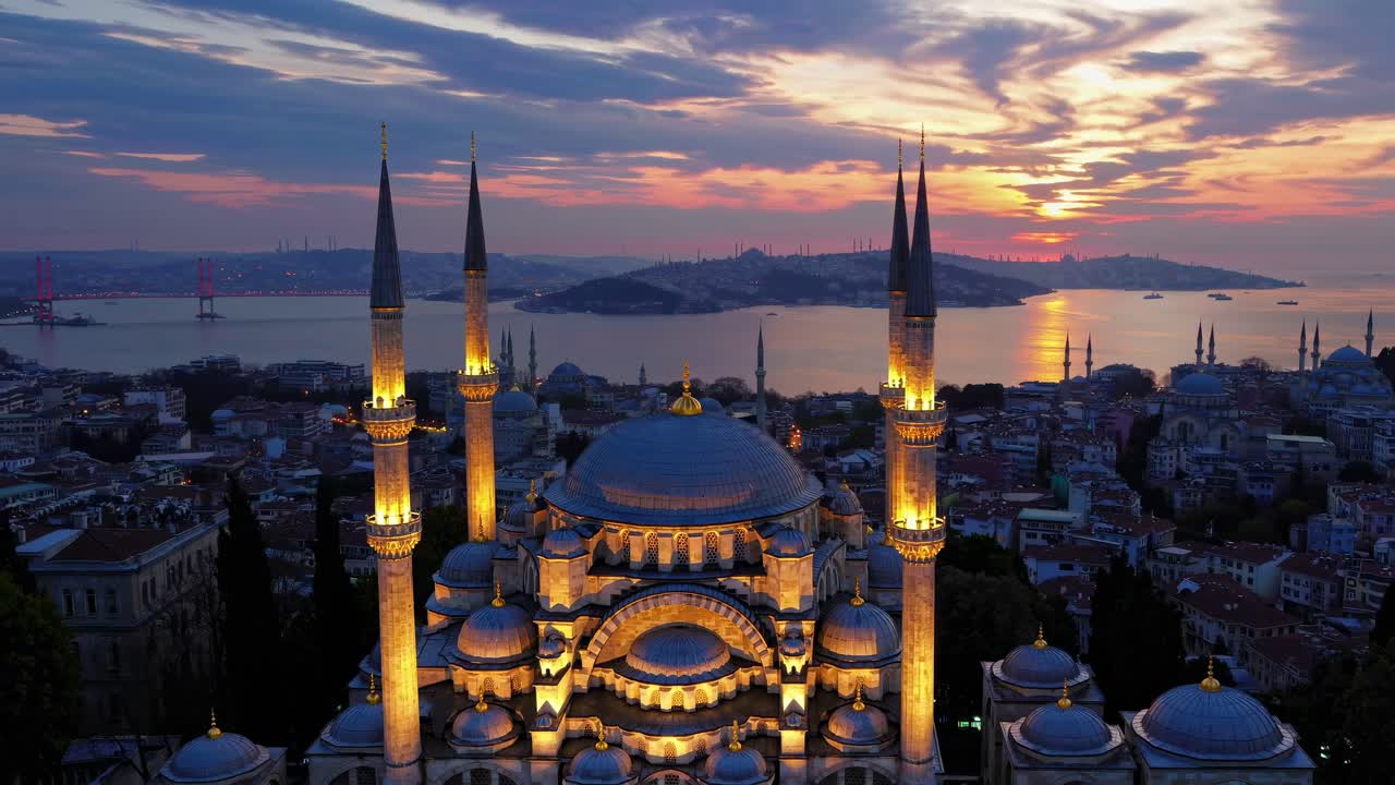 A stunning video capturing a sunset over a historic cityscape, blending vibrant colors