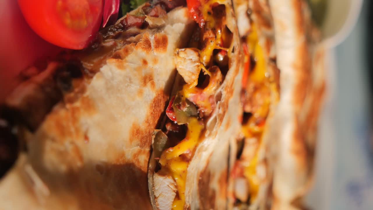 Quesadilla di pollo appetitosa con formaggio fuso e verdure fresche.