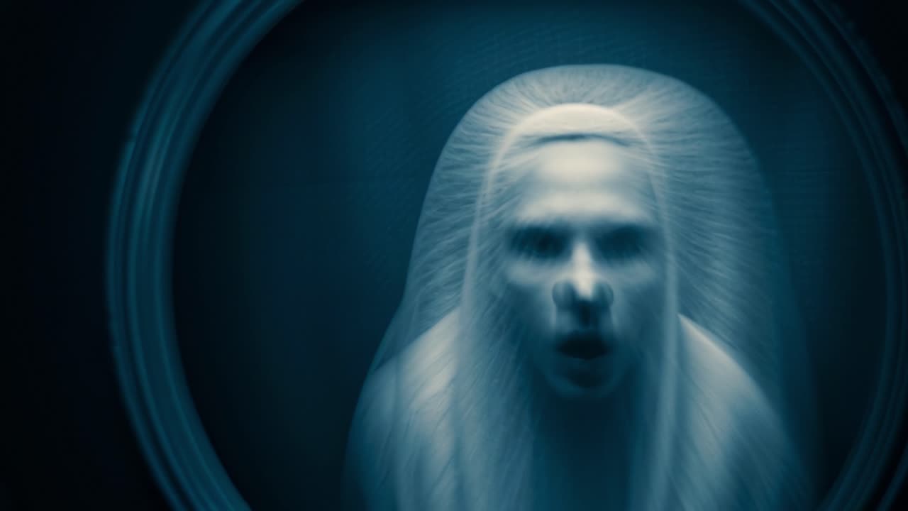 Haunting Reflections: A Distorted Encounter with a Mysterious Figure in a Mirror, Evoking Fear and Intrigue Through Chilling Imagery in a Dark Environment