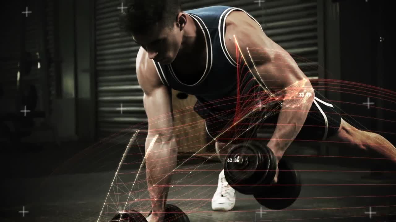 운동 선수 가 애니메이션 배경 에 맞춰 덤벨 을 들고 푸시업 을 하고 있다