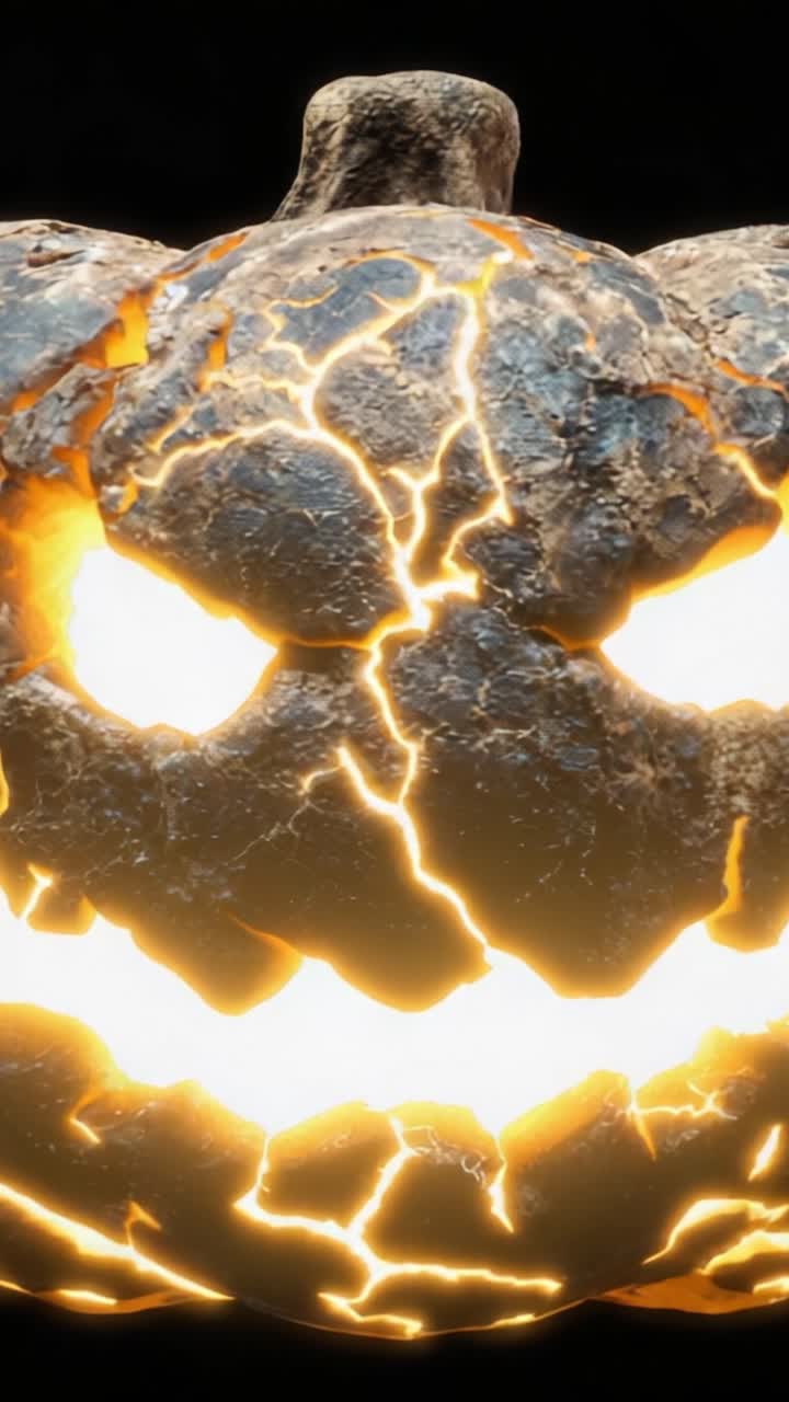 Zucca inquietante con superficie crepata ed espressioni luminose, che evidenzia un aspetto sinistro con occhi di fuoco ed effetti di fulmini per un'atmosfera spettrale.