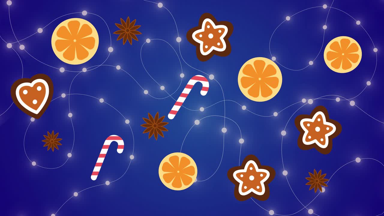 Christmas cycled blue background animation with cookies, oranges, anis stars, canes and string lights. Motion Graphic 4K UHD video. Flat design looped animation.