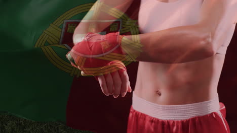 animation of flag of portugal over caucasian female boxer