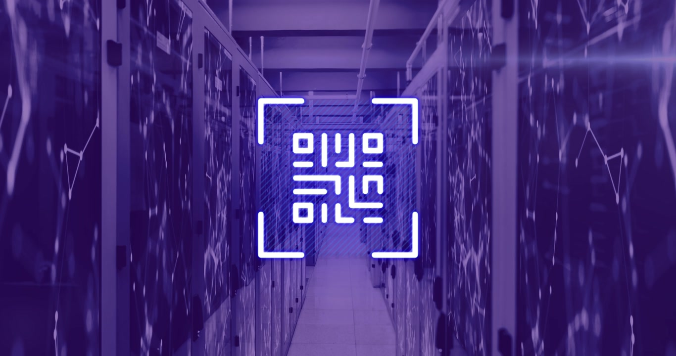 Animation of neon qr code over server room in violet