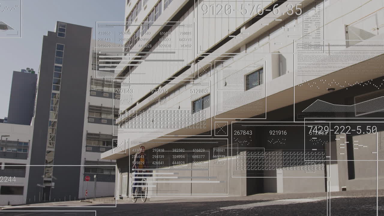 Urban building exterior with digital data overlay animation in city setting