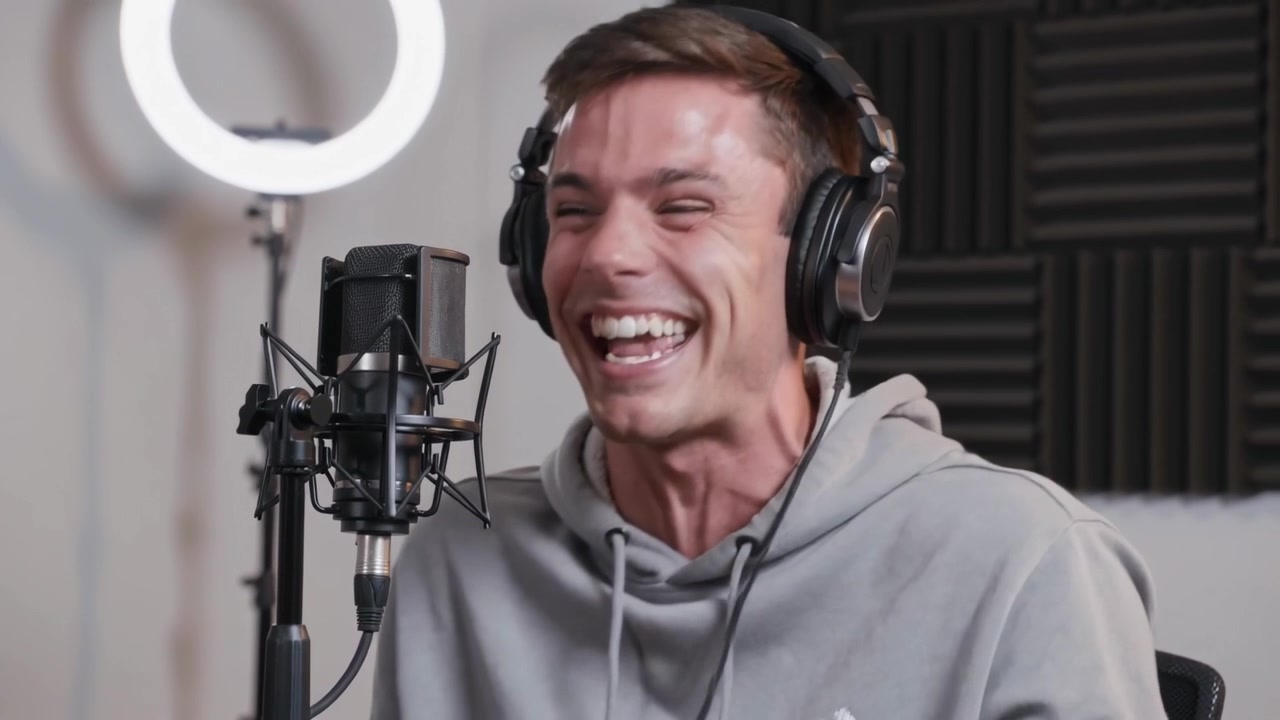 Smilende podkastvert med grå hettegenser og hodesett lener seg mot mikrofonen i studio og ler etter en vits.