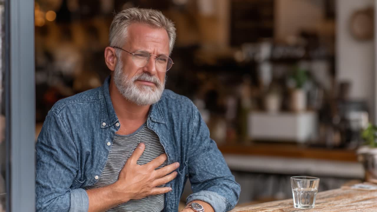 A Thoughtful Reflection: An Older Man with Gray Beard Experiences Emotions During a Quiet Moment in a Cozy Café Setting