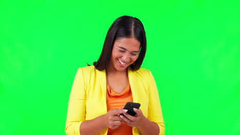 Typing,-green-screen-and-happy-woman-laughing