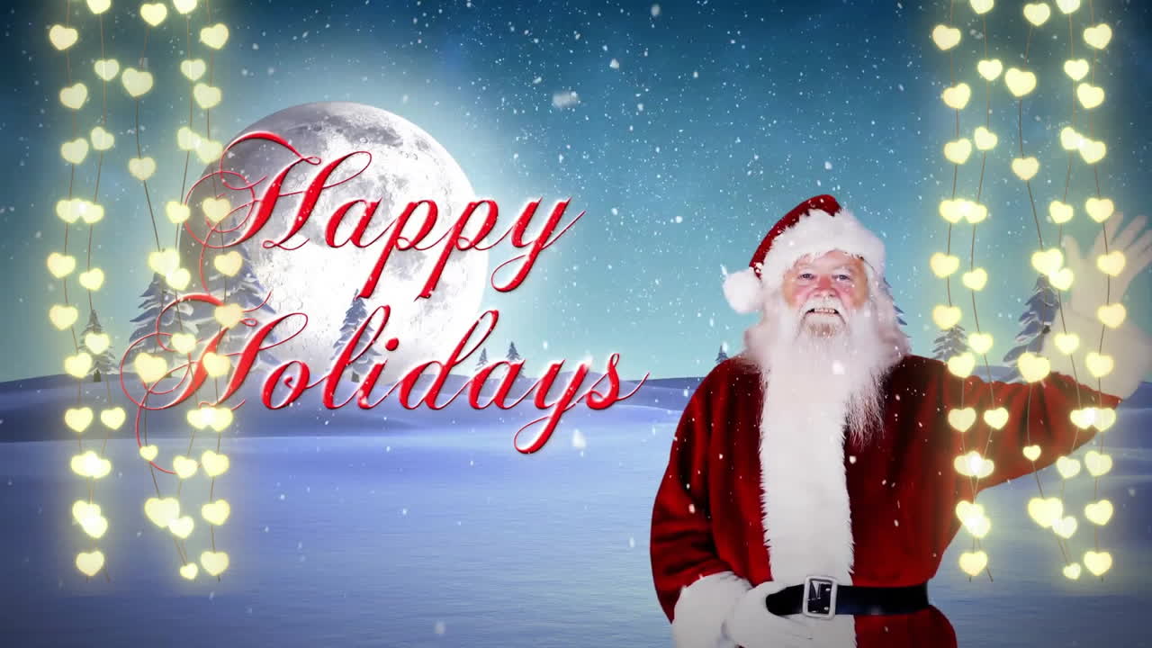 산타클로스가 손을 흔들고 눈이 내리는 동안 해피 홀리데이 텍스트의 애니메이션