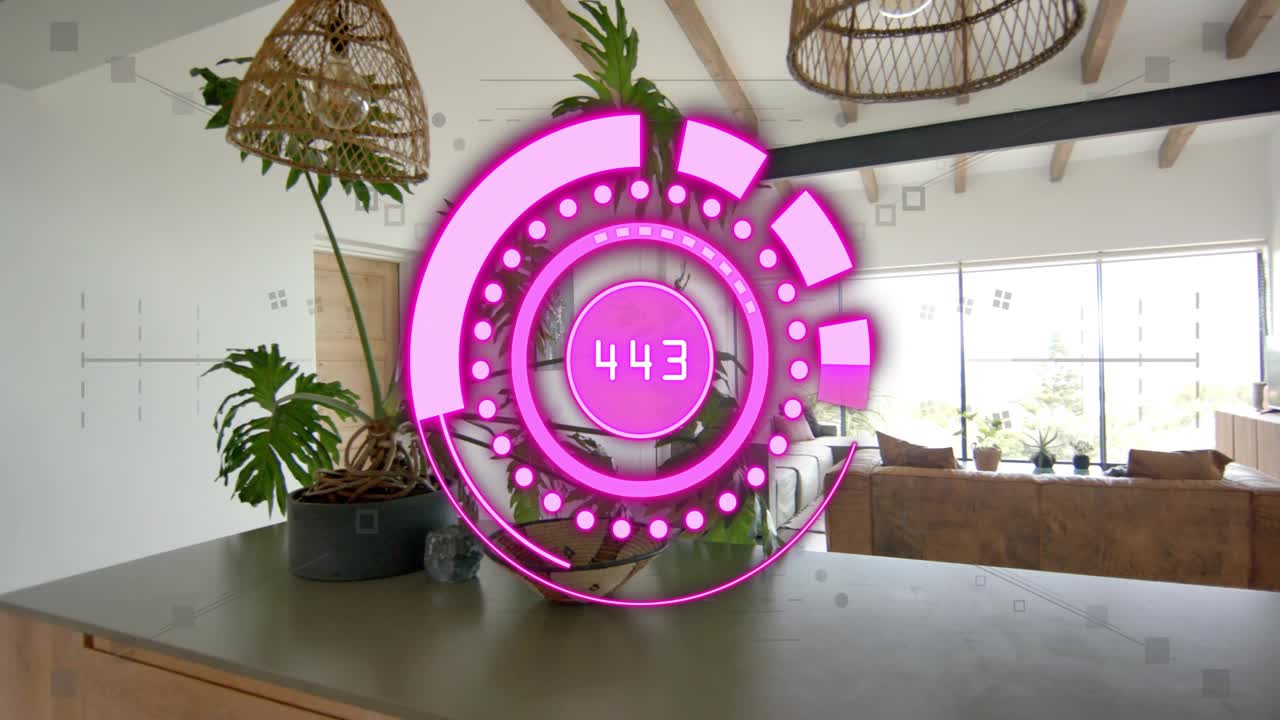 Camera panning to pink HUD, HUD rotating rings and changing numbers to show room data