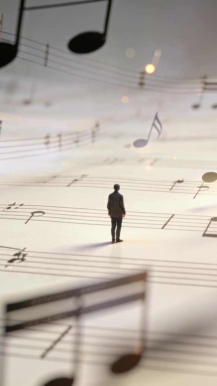 Vertical video: Standing man in dark clothes anchoring musical staff as big notes drifting past