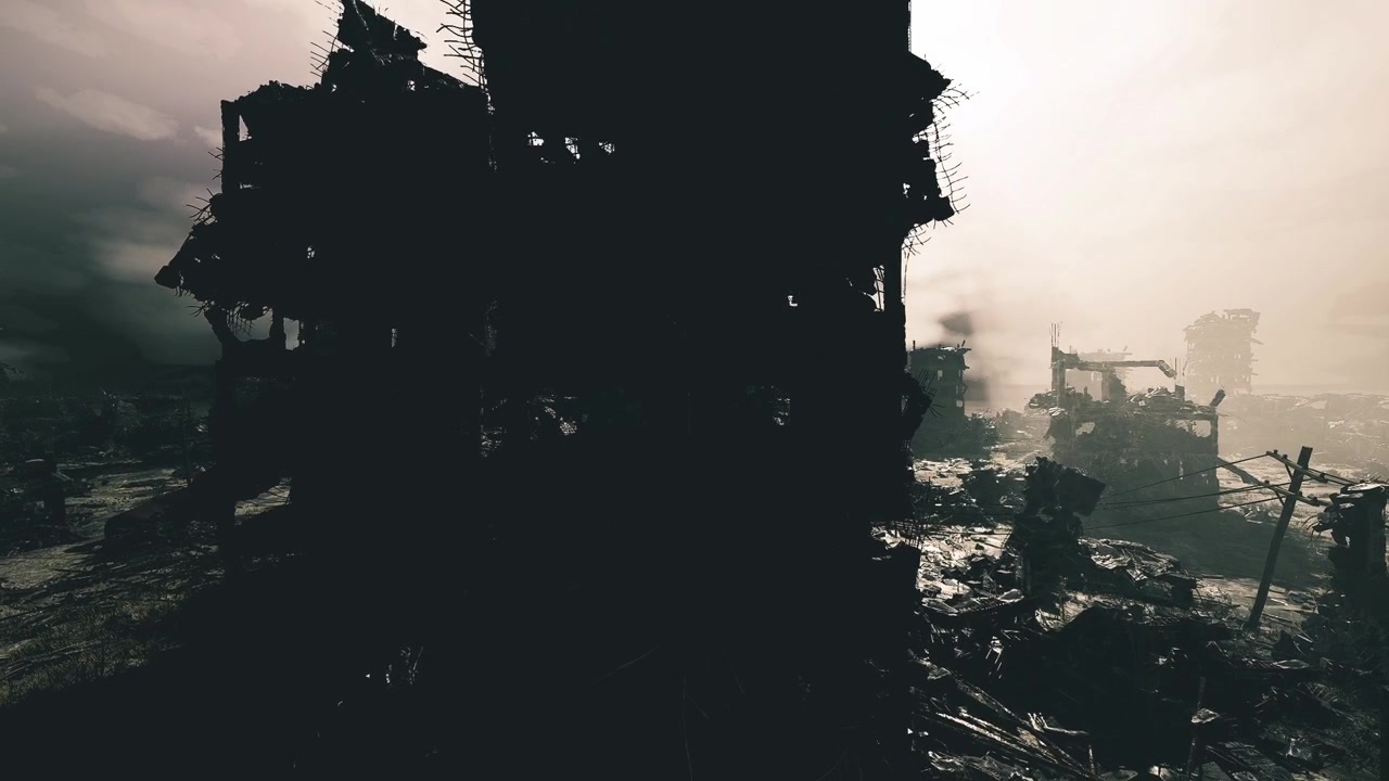 Mørk silhuet af en smuldret søjle mod en skinnende atmosfærisk baggrund.