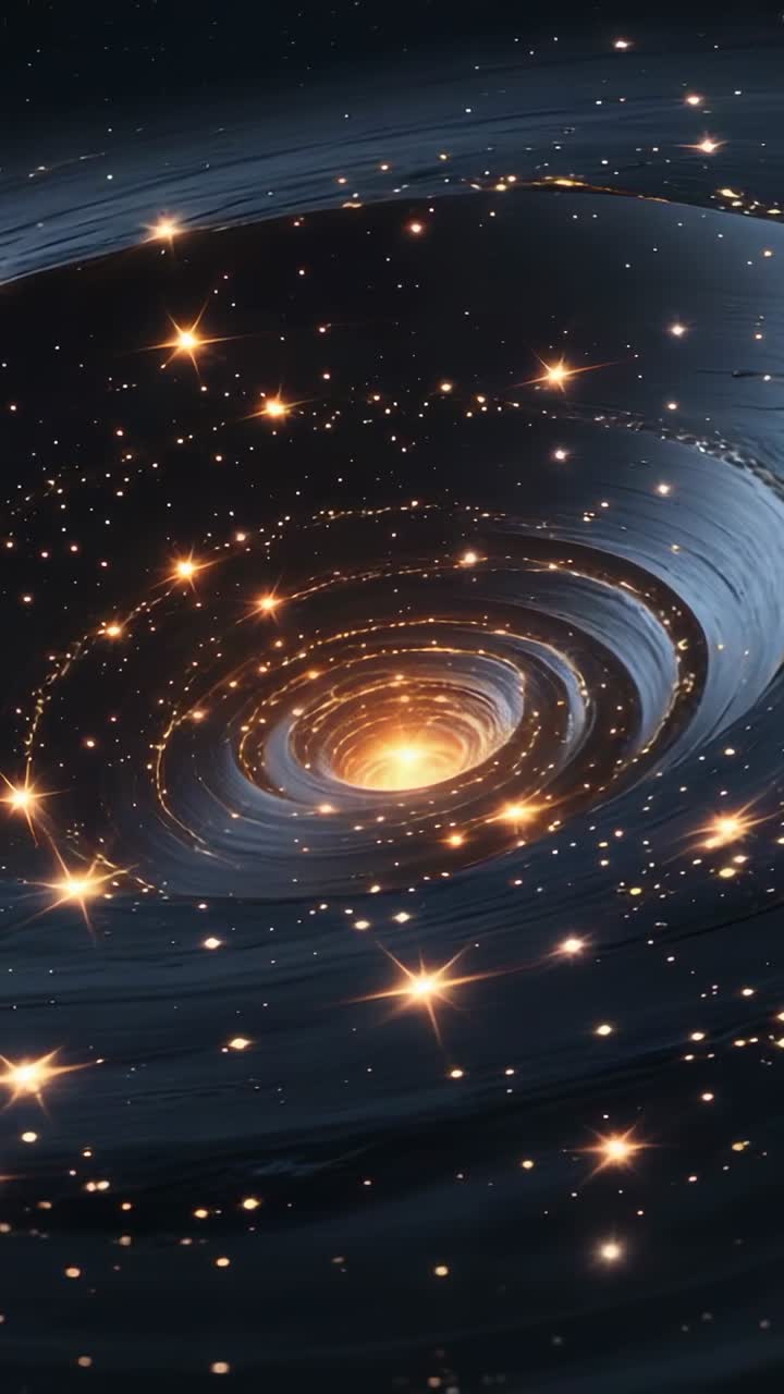 Vertical video: Opening scene showing spiral vortex rotating through deep space, with golden stars
