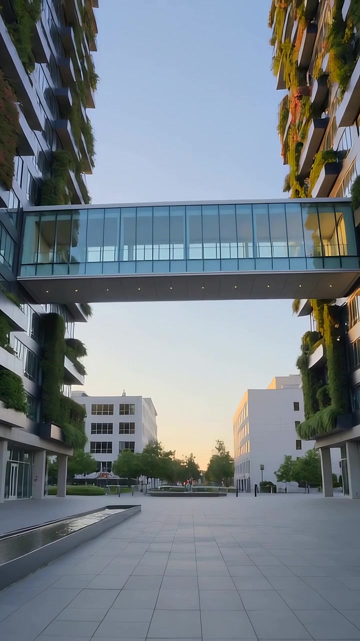 Vídeo vertical: Câmera em movimento inclinando para cima em um pátio urbano, revelando uma ponte de vidro e paredes verdes.