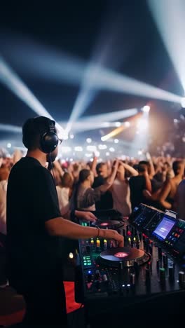 a dj standing at the console, wearing large headphones as they focus on mixing tracks