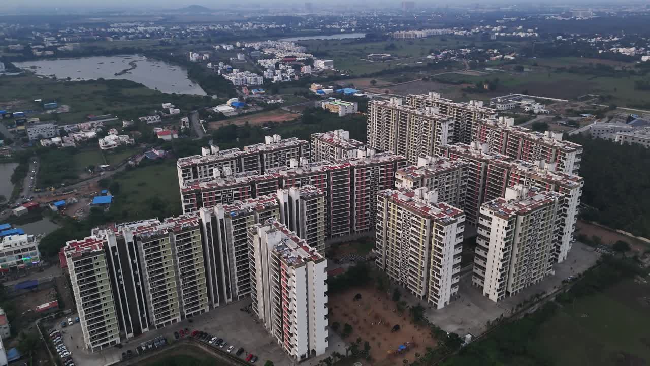 A wide shot of a developing cityscape. The footage features a large ...
