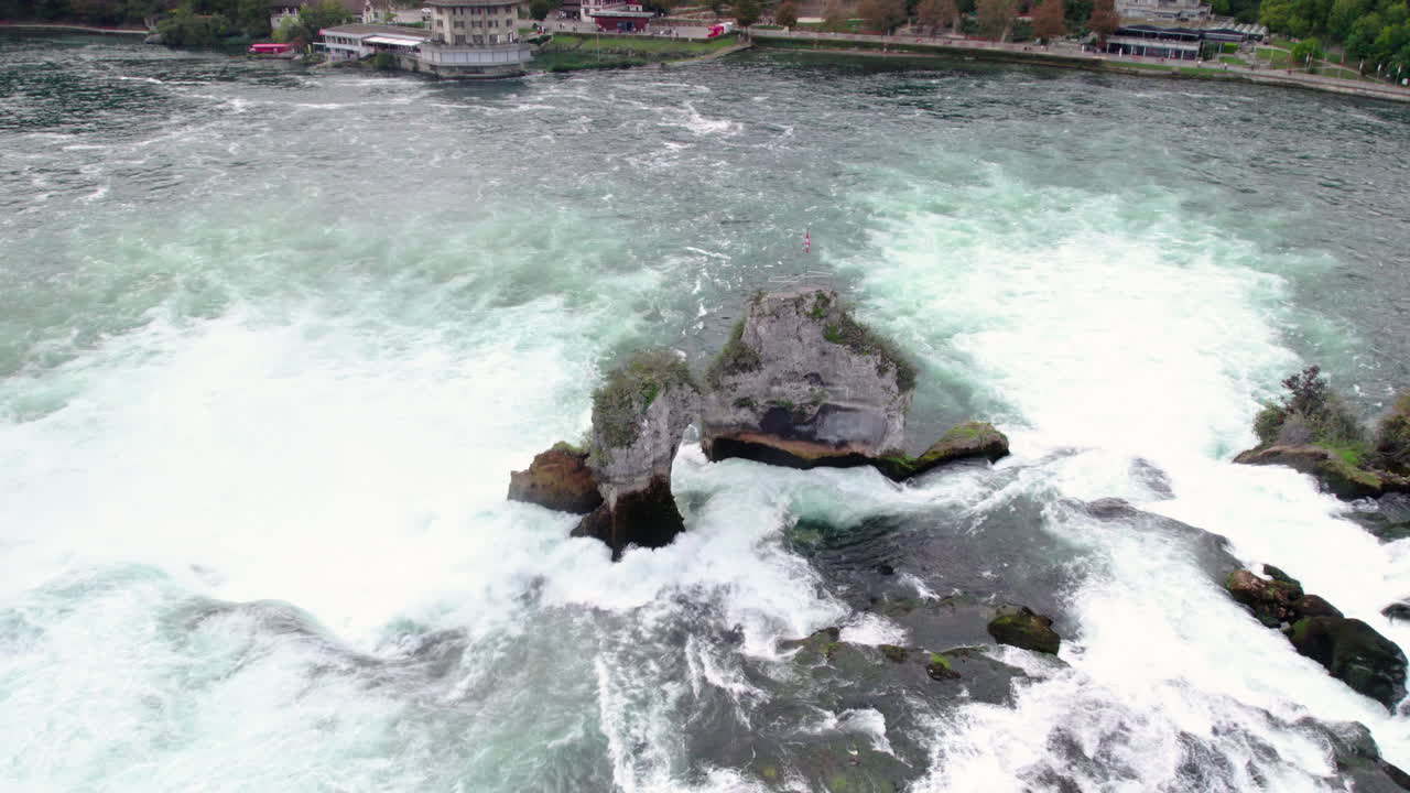 Aerial of Rheinfallfelsen, viewpoint on a rock, Schaffhausen, Switzerland